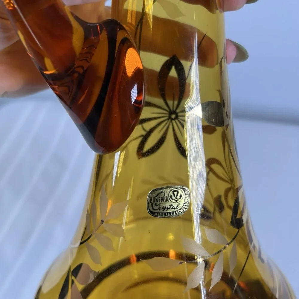 Bohemia Crystal 60s MCM Amber Decanter Floral & 6 Glasses Czech Mid Century RARE